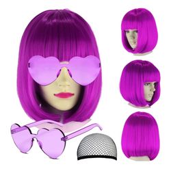 LIULIUBTY Pelucas de pelo corto estilo Bob liso con flequillo plano sintético colorido Cosplay fiesta diaria peluca de neón para mujeres + gorra de pe