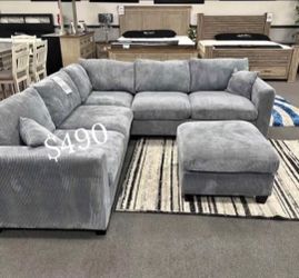 Gray Corduroy Sectional Sofa with Ottoman