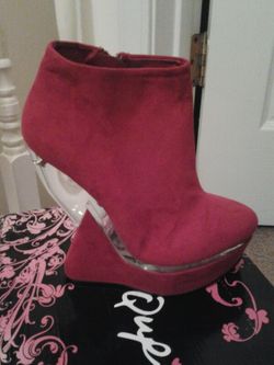 Red booties w clear wedge heel