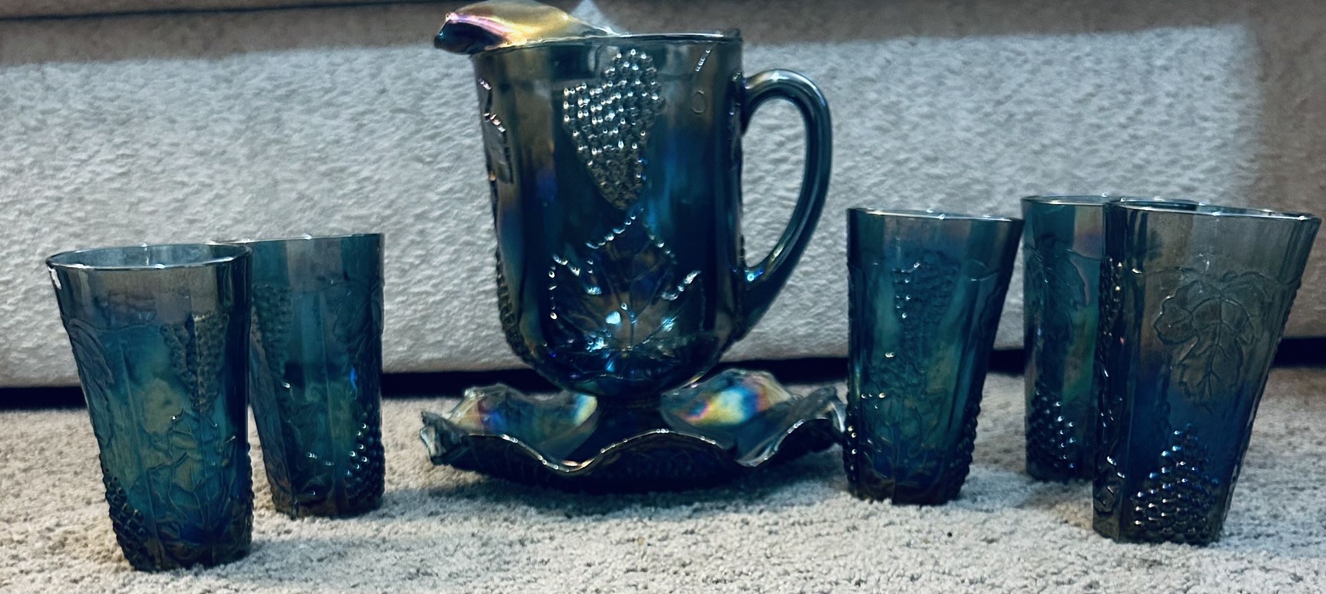 Indiana Harvest Grape Blue Carnival Glass Pitcher w Tumbler...