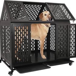 44'' Indestructible Heavy Duty Dog Crate, High Anxiety Impact Chewproof Metal Pointed Roof Cage for