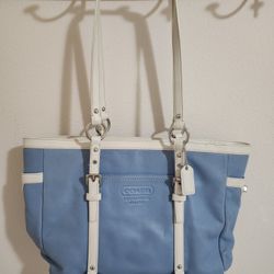 Coach Light Blue & White Leather Tote Bag