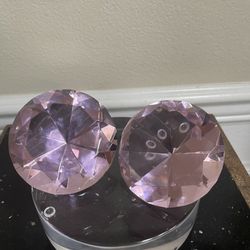 Set of 2 Crystal Diamond Paperweight Pink Round Prism Cut 3”