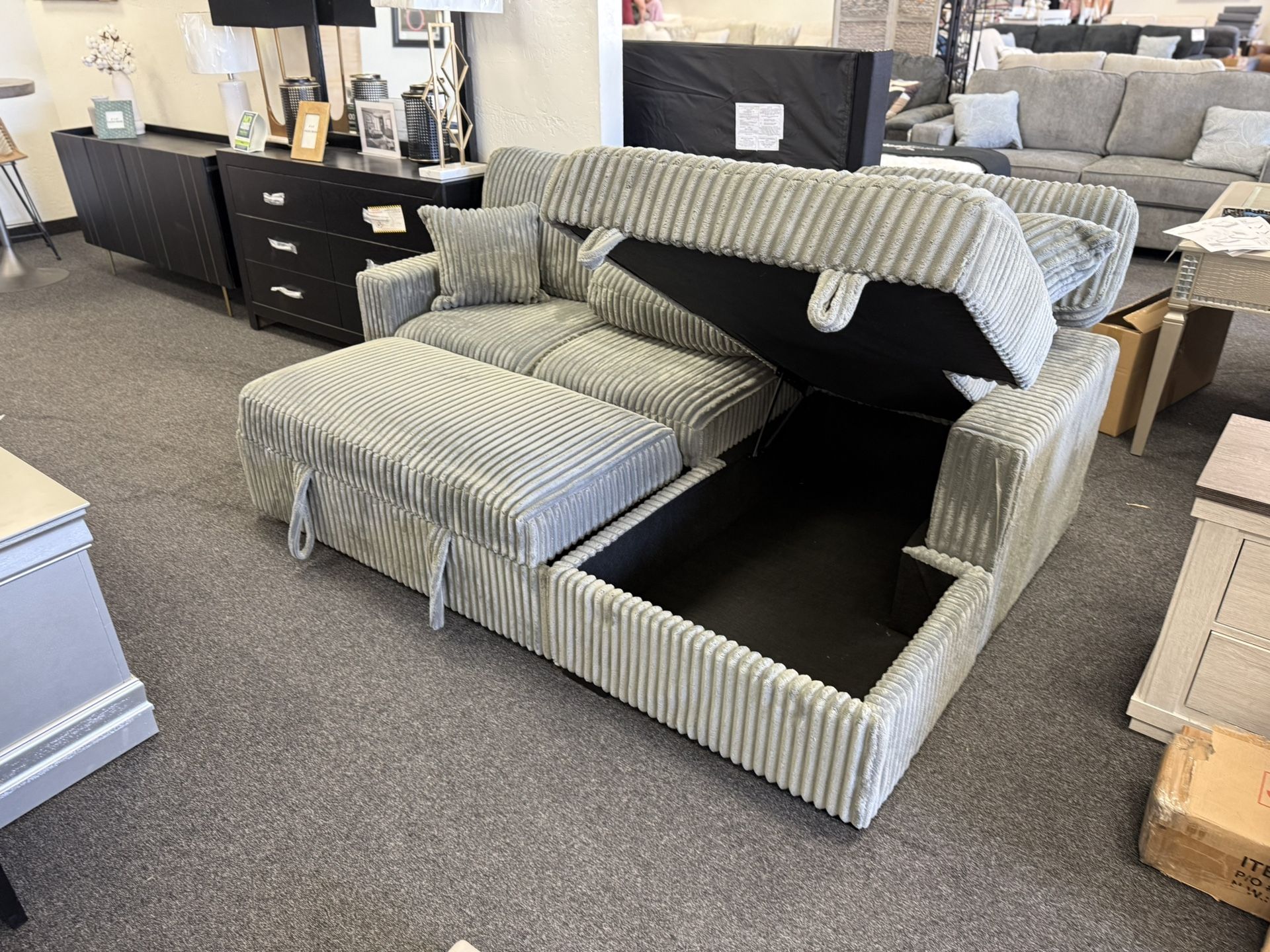 Grey Corduroy Sleeper Sofa With Drop Down