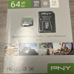 PNY 64GB Elite microSDXC Flash Memory Card with a full-size SD adapter. 