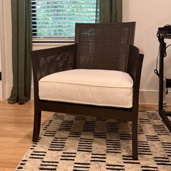 Crate & Barrel Woven Accent Chair – Dark Wood & Cream Cushion 