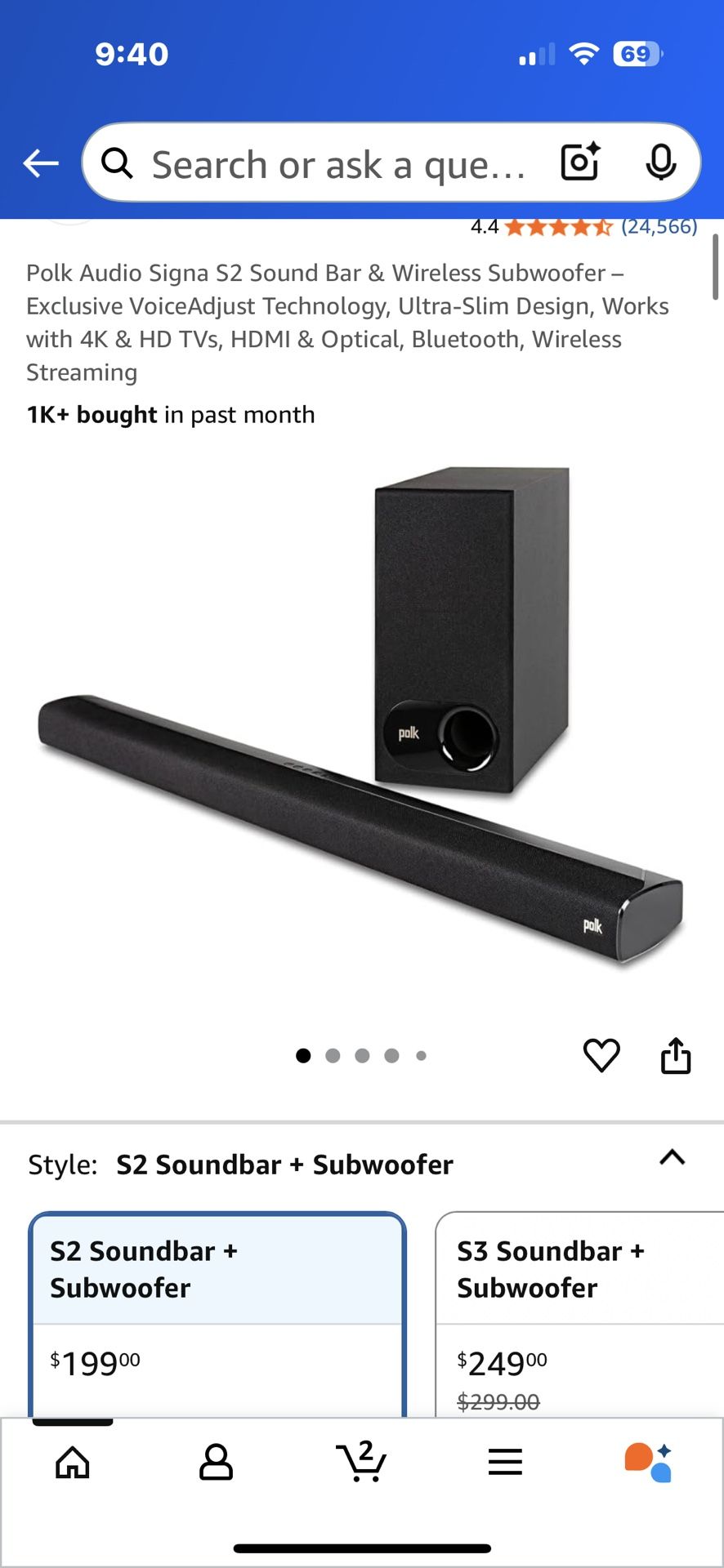 Polk Audio S2 Sound Bar With Subwoofer. Bluetooth.