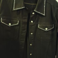 Black Denim Jacket With Rhinestone Buttons