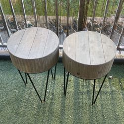 Two Metal Frame Wooden Tables, For Indoor Or Outdoor Use. 