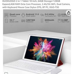 2 in 1 Tablet 10 Inch, 64GB Storage+128GB Expand,4GB RAM Octa Core Processor, 2.4G/5G WiFi, Dual Camera, with Keyboard Mouse Case Stylus OTG, BT PC, D