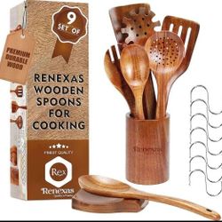Natural Teak Wooden Cooking Spoons with Nonstick Spatula Set, Bamboo Kitchen Utensils With Holder
