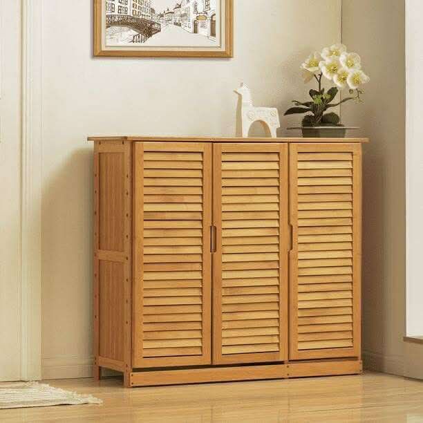 NEW - Bamboo 5-Tier 21 Pairs Shoes Rack Blinds with Door, Natural, Varnished, for Living Room