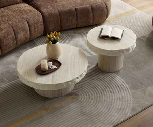 Round Travertine Coffee and Side Table Set