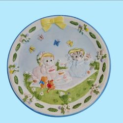 Vintage 90's "Tea for Two" Kitty Cucumber Porcelain Hanging Plate