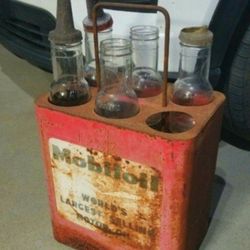 Vintage 1940's MOBILOIL SERVICE STATION ISLAND METAL BOTTLE RACK with ORIG.  (5) Glass Bottles & Original Vinyl Shield Sign..asking $425. (29x16x10)