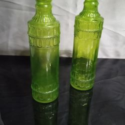 Two Vintage Green Glass Bottles