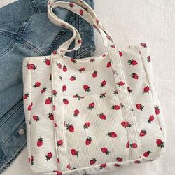 Corduroy Tote bag With Strawberries Design 