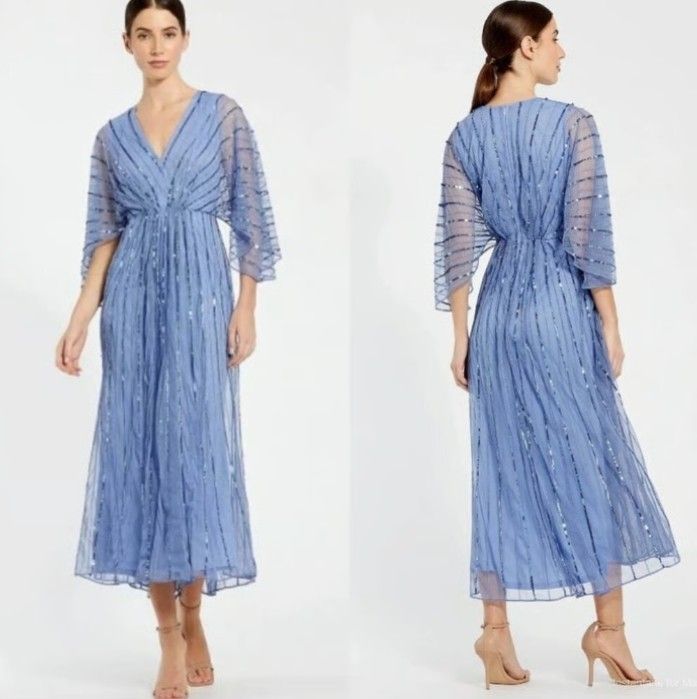 New MAC DUGGAL Blue Beaded Kimono V-Neck Empire Midi Dress sz 8
