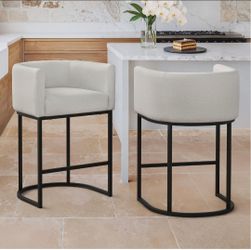 Set of 2 Counter Height Bar Modern Barrel Counter Stools with Backrest and Arms, Black Metal Frames, Upholstered Accent Barstools for Kitchen Island, 
