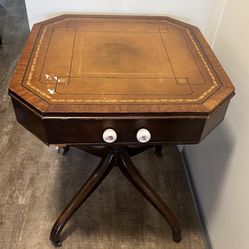 Vintage Leather Top End Table – Octagonal – Brass Feet on Wheels