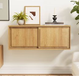 2 PCS- Modern Floating TV Stand, Accent Nightstands Wall Mounted Bedside Table Handless Storage Cabinet with Sliding Doors, Color- Natural Oak