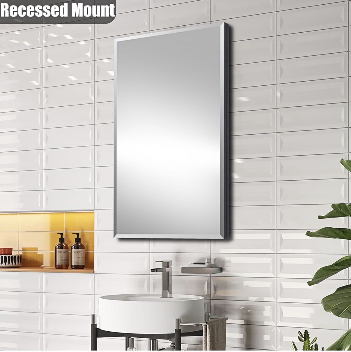 Fundin Medicine Cabinet 14 x 24 inches Mirror Size, Recessed or Surface Mount, Black Aluminum Bathroom Wall Cabinet with Mirror and Adjustable Shelves