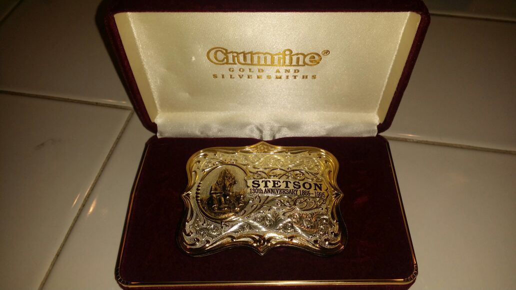Vintage Stetson 130th ANNIVERSARY silver, gold plated belt buckle limited edition collectable buckle by Montana Silversmiths. Number 1366 of 5000.