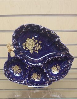 Leaf Shape Plate / Sectional Platter ( NEW ) cobalt blue & gold. porcelain