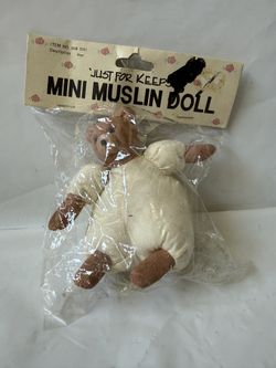 Vintage “Just For Keeps" Mini Muslin Doll Teddy Bear With Soft Body and Hard Plastic Head 