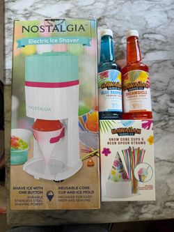Nostalgia electric ice shaver snow cone with cups and straws and syrup