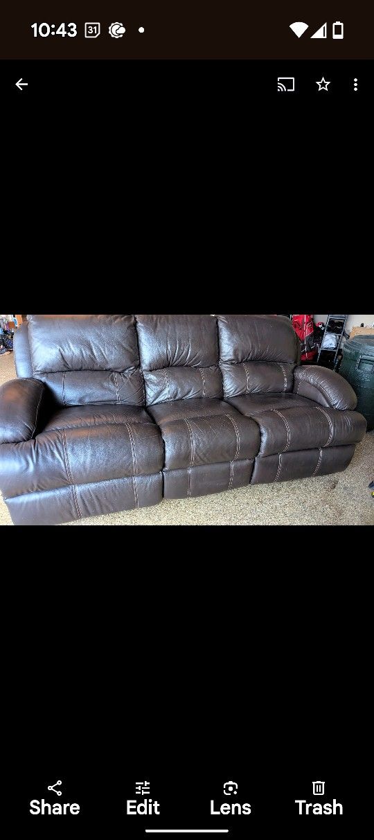 Brown Leather Couch In Good Condition Also Bonus Recliners On Each End Chair