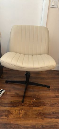 Wooden desk and off white desk chair