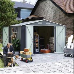 9×11 FT Outdoor Storage Shed: 3 Lockable Door Metal Utility Shed with Galvanized Steel Frame & 4 Ventilation System - Spacious Garden Tool Storage fo