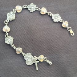 Gorgeous Reversible Rosary Bracelet With Silver Roses Peach Tone Hearts Crucifix And Saints Medals!