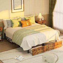 King Bed Frame with Storage Drawer, Platform Bed Frame No Box Spring Needed, Wooden Board