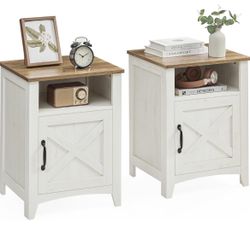 Farmhouse Nightstand with Barn Door, Set of 2, Bedside Table with Storage, Side End Table, Night Stand, Open Compartment, for Bedroom, Rustic White an