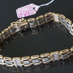 14Kt Gold Designer Thick Bracelet 2 Tones Links Diamonds Studded 4mm thick 10mm Size 8.5" Length Tv