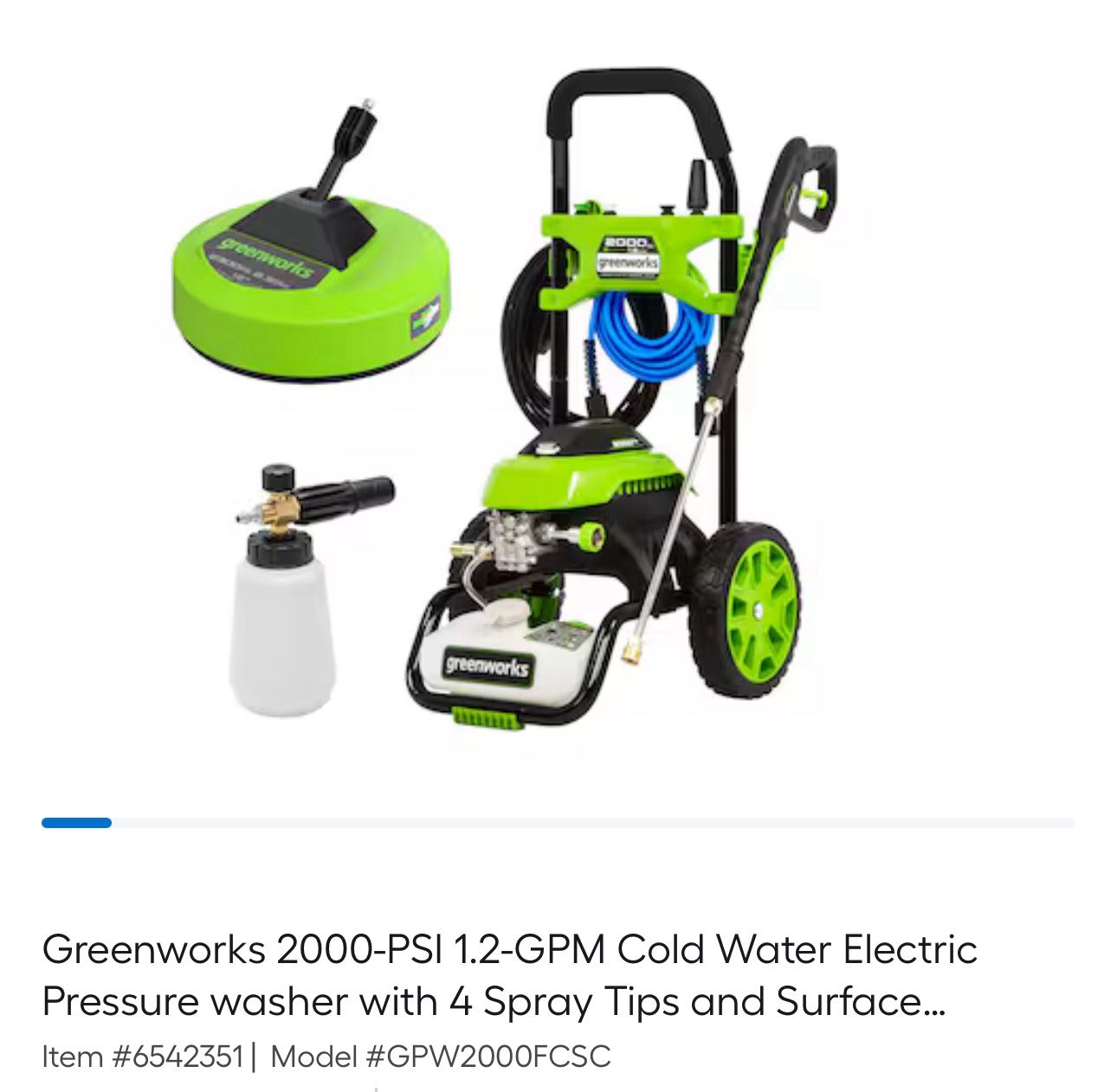 Greenworks 2000 1.2 GPM. ELECTRIC PRESSURE WASHER