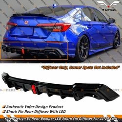 For 2022-2026 Honda Civic Sedan Yofer V2 Gloss Black Rear Bumper Diffuser W/ LED