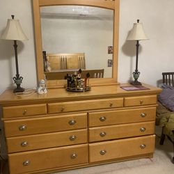 Three Piece Bedroom Suite Includes Side Table, Queen Size Bedframe, Headboard, And End Board (No Mattress Included), And The Dresser With Mirror 