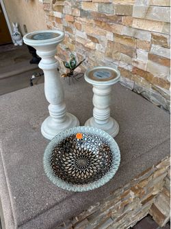 (2) Wood Candle Holders +glass bowl