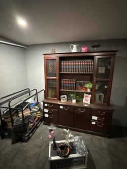Large Dark Wood China Hutch Bookcase Cabinet