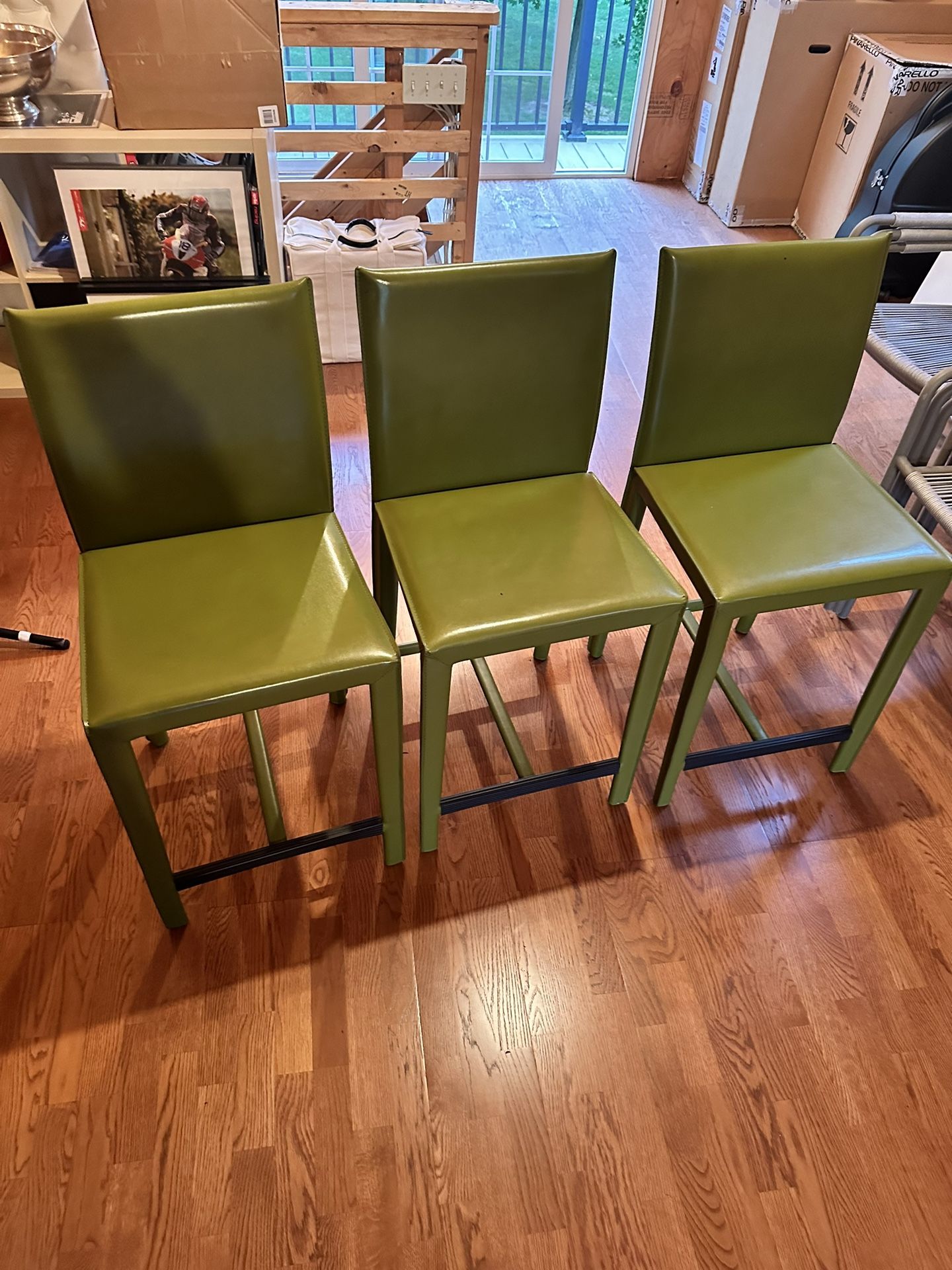 Crate &Barrel Folio Olive Green Top Grain Leather Counter Stools