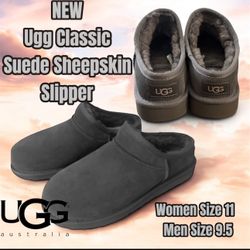 NEW Ugg Classic Suede Sheepskin Slipper/Slides (Grey) Women Size 11 / Men 9.5  