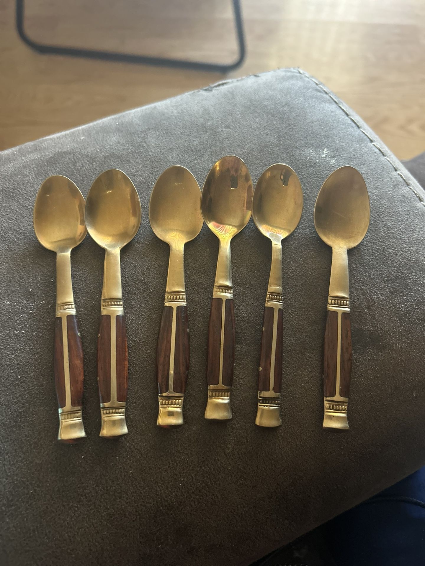 Vintage 1950's Asian Thailand Brass and Rosewood Inlay Demitasse Spoons Set 6