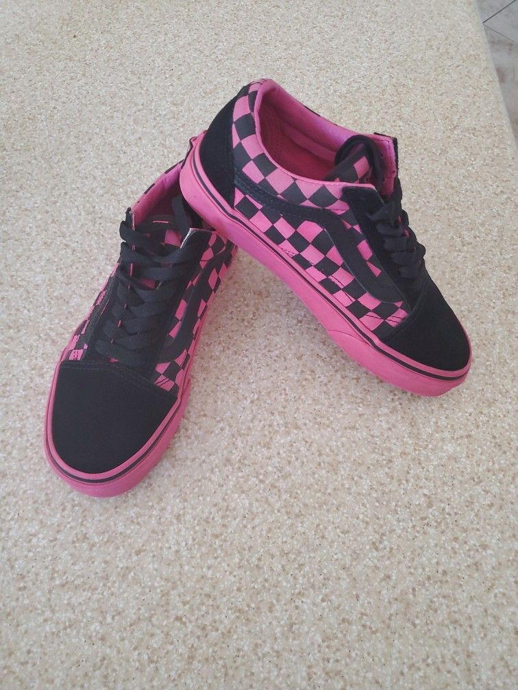 Vans Old Skool Hot Pink & Black Checkered Shoes Size 5.5 Girls