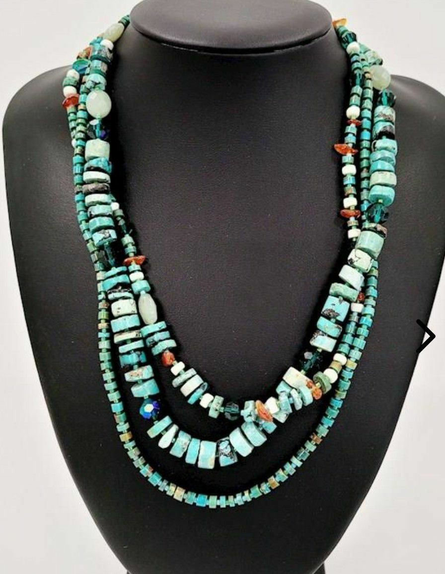 Turquoise Heishi Multi Strand Necklace, 925 Clasp