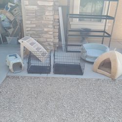 Small Or Medium Pet Dog Cat Kennel Crates $15-$25 Each,  Pet Stairs $20, And Pet Beds $25-$35 See All Photos 
