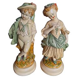NIEPOLD BORGHESE Vntg Chalkware Peasant Girl & Boy Sculpture 10.75” (pair of 2)