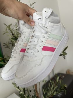 Adidas Women's White Sneakers with Pink and Green Stripes